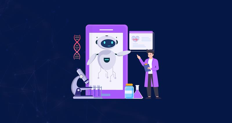 Illustration of AI robot, scientist, and lab tools representing AI clinical intelligence in healthcare