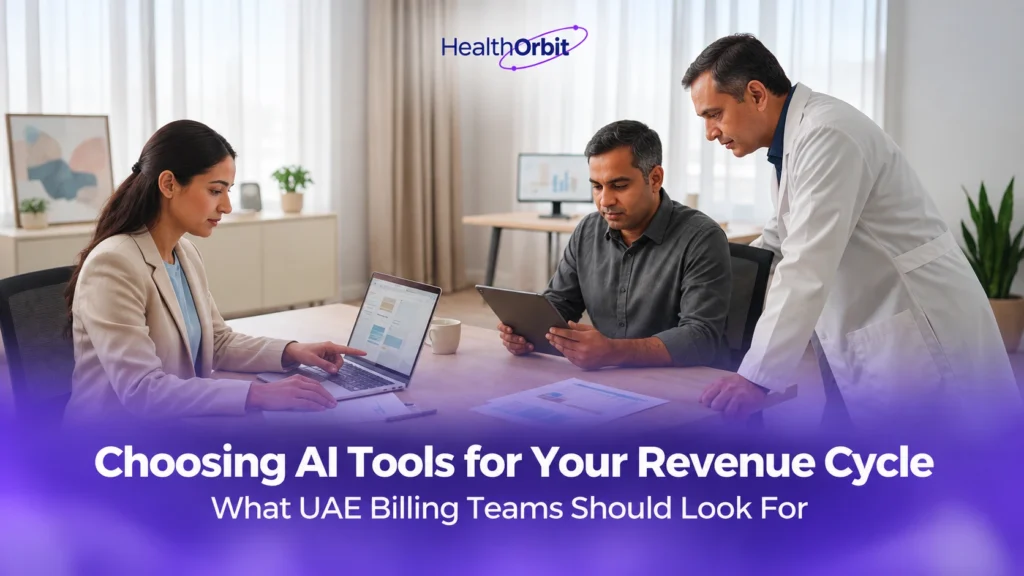 Clinic team reviewing claim data on a laptop and tablet while comparing AI tools for revenue cycle management