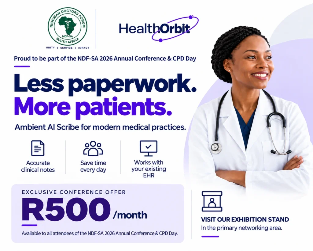 HealthOrbit NDF-SA 2026 conference graphic: Ambient AI Scribe offer, R500 per month, visit our exhibition stand.